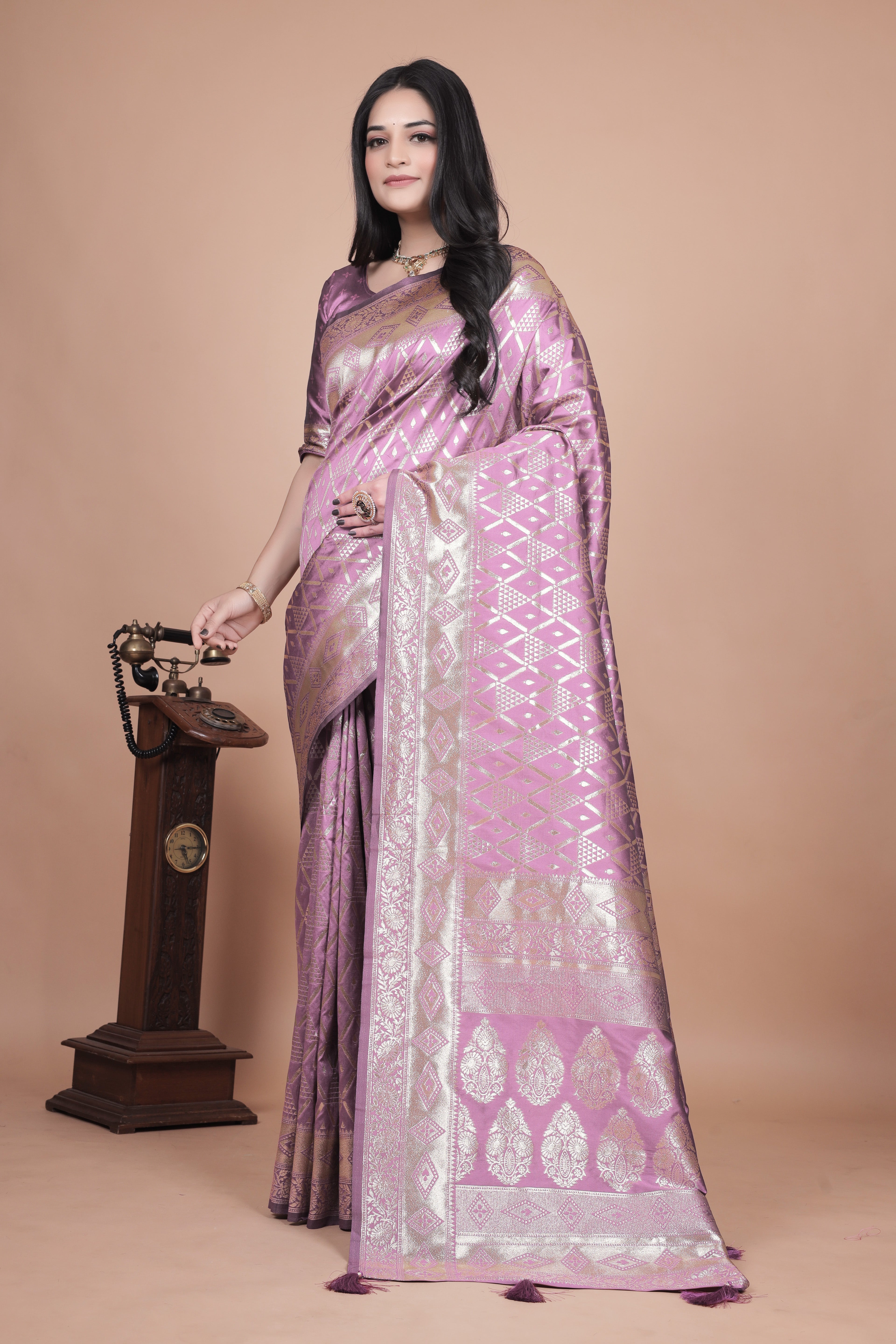 Mauve Banarasi Silk Saree with Silver Zari Elegance With 4 color option